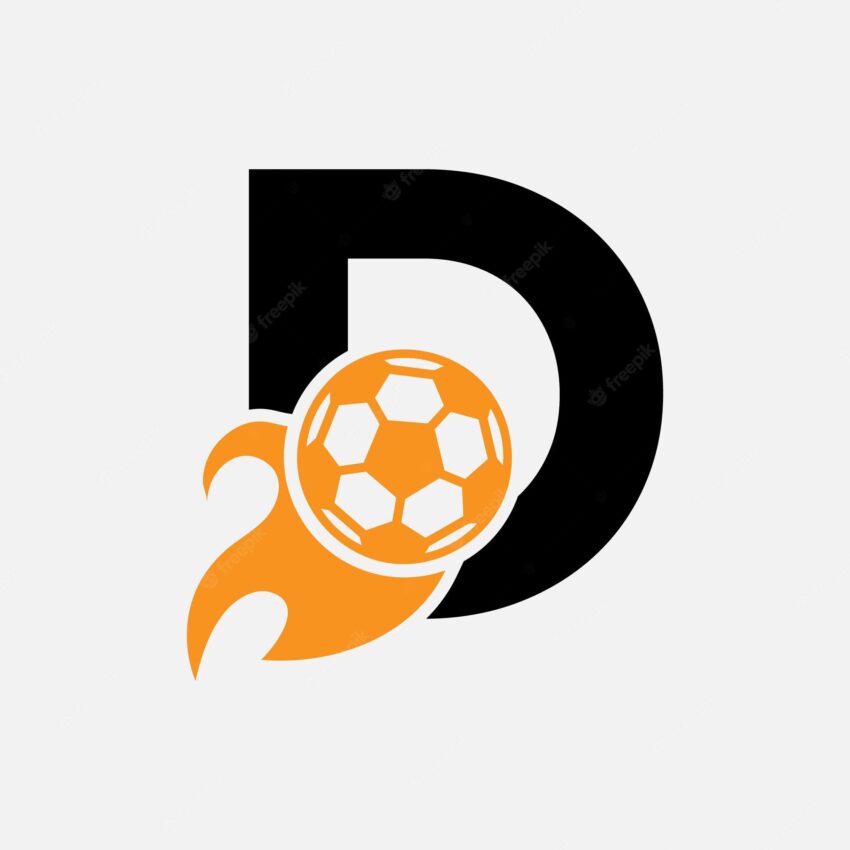 Initial letter d football logo concept with moving football icon and fire symbol. soccer logotype