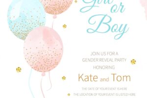 An invitation card for a baby shower with a watercolor balloons and flowers. it's a girl.