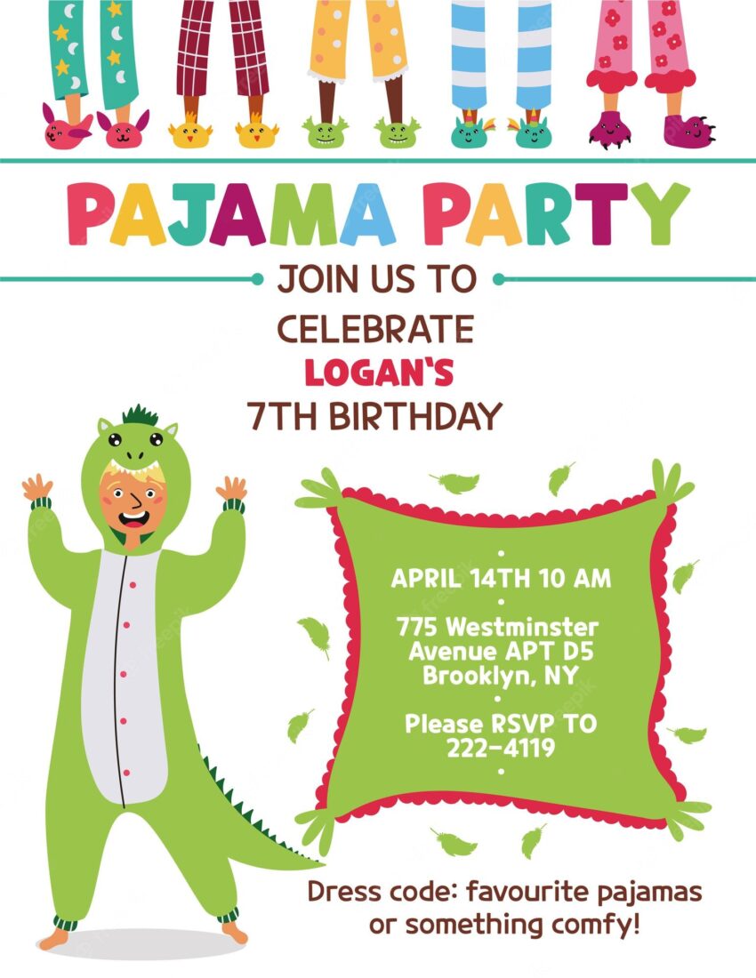 Kids pajama party invitation kigurumi dinosaur