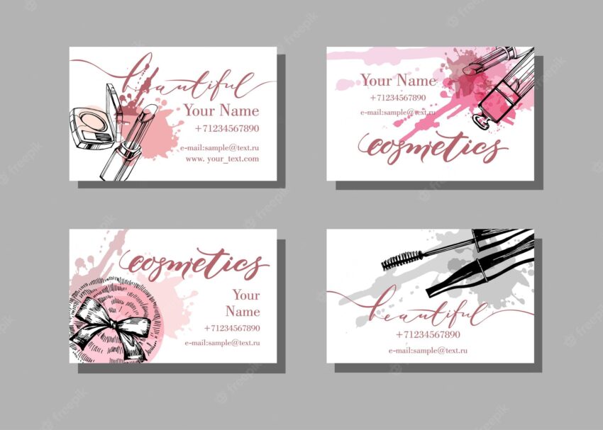 Makeup artist business card. vector template with makeup items pattern - brush, pencil, eyeshadow, lipstick and mascara. fashion and beauty background. template vector.