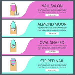 Manicure web banner templates set. almond moon and striped manicure, fingernails with dollar sign and flower. website color menu items. vector headers design concepts