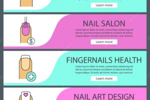 Manicure web banner templates set. nail polishing price, fingernails health, reverse moon manicure, woman's nail with heart shape. website color menu items. vector headers design concepts