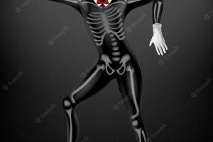 Mime in death or deceased tight suit with skeleton bones, skull drawing on black fabric, top hat, white gloves 3d realistic vector. halloween party, mexican day of dead festival costume illustration