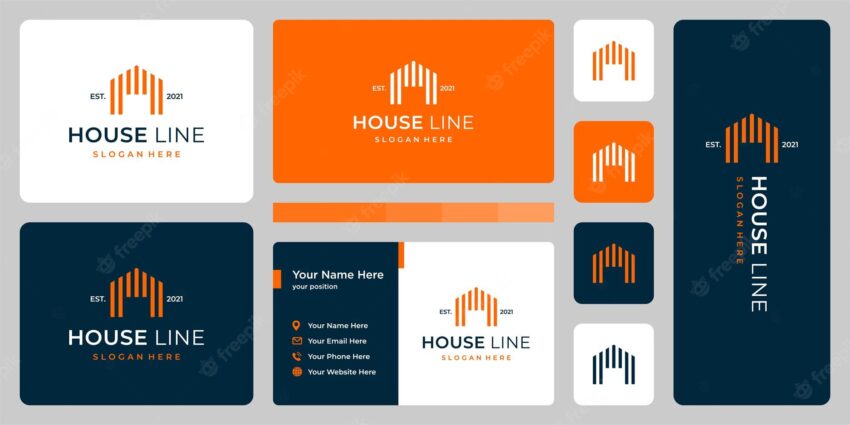 Modern house with line model and business card design.