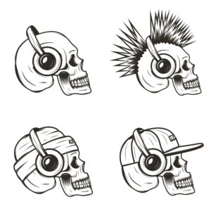 Music skull side view set vector hand drawn illustration