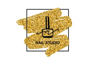 Nail polish logo with golden glitter texture in a trendy minimalist linear style. logo for a beauty salon or a manicurist. template for packaging nail polish, nail, soap, beauty store.