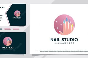 Nail studio logo design with circle concept and business card design premium vector