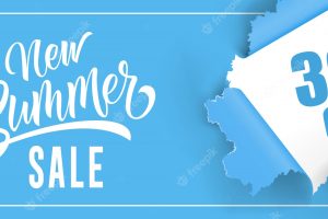 New summer sale thirty percent off lettering. blue background with ripped round hole