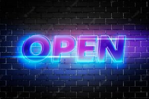 Open 3d glow typography on brick wall background