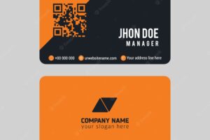 Orange business card with blue details
