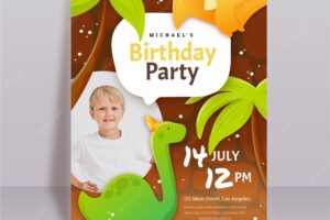 Organic flat dinosaur birthday invitation template with photo