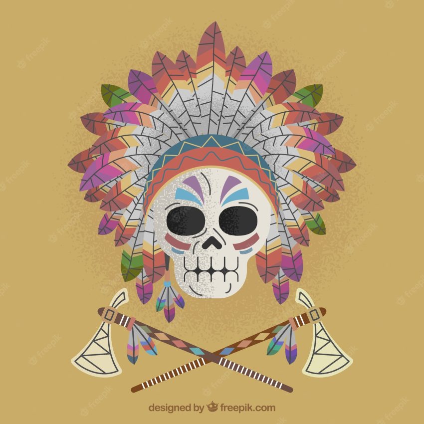 Ornamental skull with feathers and axes