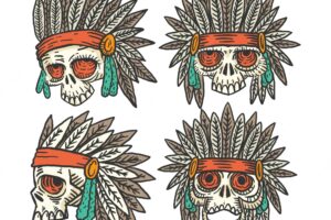 Pack of four hand drawn skulls with feathers