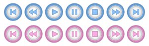 Pink and blue round music control buttons set play pause rewind stop and forward icons