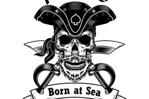 Pirate captain vector illustration. skull in vintage pirate hat with crossed sabers and born at sea text.