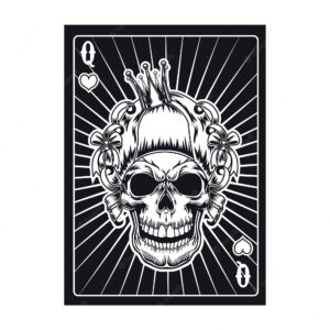 Playing card with aggressive skull of queen. hearts