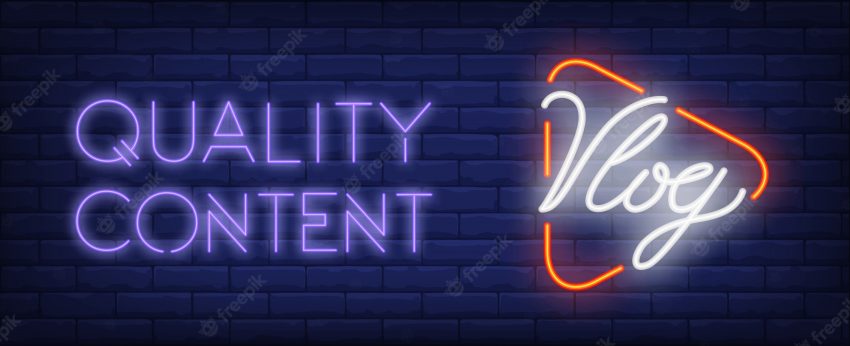 Quality content of vlog neon sign. player button with text on dark brick wall.
