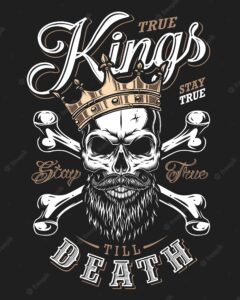 Quote typography with black and white king skull in golden crown with beard