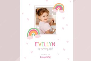 Rainbow birthday invitation template with photo