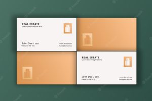 Real estate abstract elegant vector logo and business cards template. premium stationary realistic mock up. modern design layout with soft shadows. isolated.