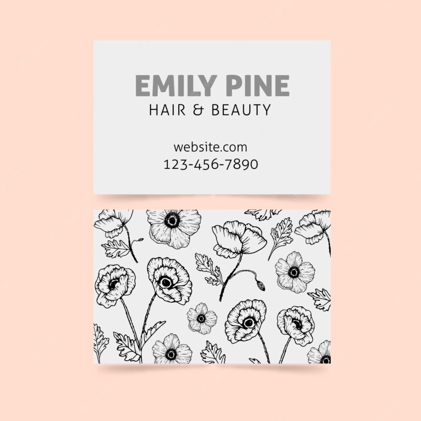 Realistic hand drawn business card with flowers template