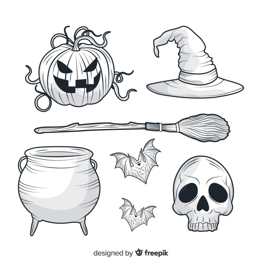 Realistic hand drawn halloween element collection