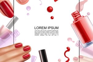 Realistic nail polish design template with frame for text colorful bottles brushes lacquer splashes drops and female hands with pretty manicure