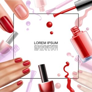 Realistic nail polish design template with frame for text colorful bottles brushes lacquer splashes drops and female hands with pretty manicure