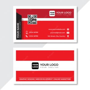 Red business card with white details