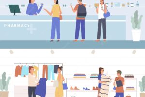 Retail sellers and customers flat banners with staff consulting buyers in pharmacy and fashion shop vector illustration