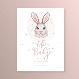 Rustic baby shower invitation and happy birthday greeting card with watercolor cute bunny