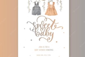 Rustic dusty floral  gender invitation for baby shower party  with watercolor cute baby clothes