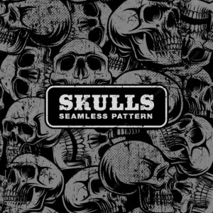 Seamless pattern with grunge skulls on dark background.