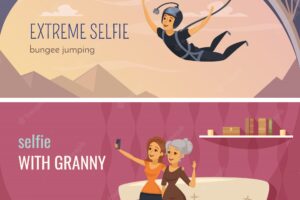Selfie horizontal banners set with extreme and family selfie symbols flat isolated vector illustration