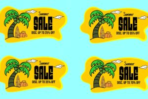Set of advertising badge designs with coconut tree elements summer theme discount ad design