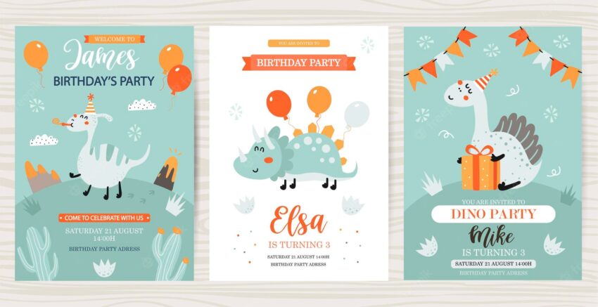 Set of birthday cards with dinosaurs