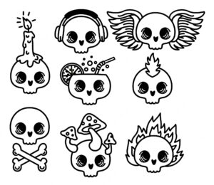 Set of cute cartoon skulls with a candle headphones flames mushrooms and wings halloween spooky