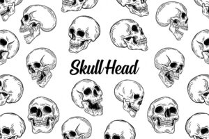 Set dark illustration skull head hand drawn hatching outline style