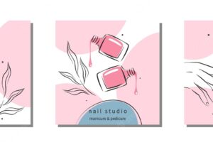 Set of design for nail studio nail polish nail brush manicured female hands