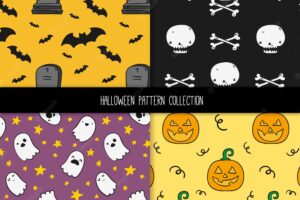 Set of four patterns with hand drawn halloween elements