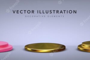 Set of gold and red realistic cylinder pedestal podium with shadow vector illustration