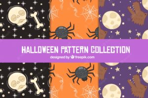 Set of halloween patterns with hand drawn elements