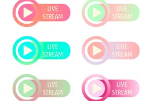 Set icons stickers buttons with text live stream and play button in soft gradient colors