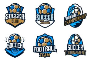 Set of logos emblems of soccer colorful collection of soccer emblems football sport tournament logo template football leagues championship shield ball font isolated vector illustration