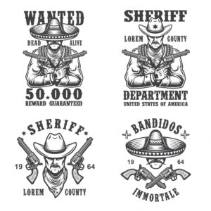 Set of sheriff and bandit emblems, labels, badges, logos and mascots. monochrome style.