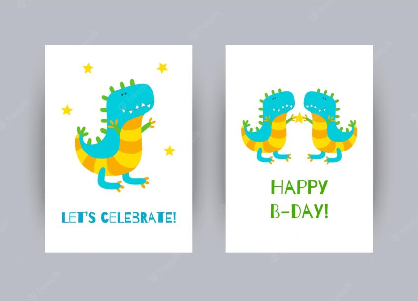 Set of two greeting cards with cheerful dinosaurs happy birthday set of cards