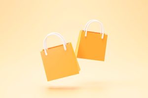 Shopping bag package banner sign or symbol shopping concept orange background 3d rendering