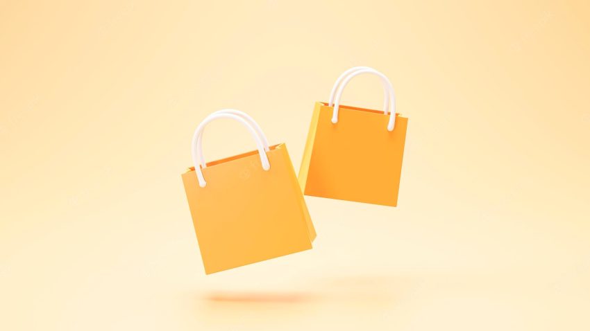 Shopping bag package banner sign or symbol shopping concept orange background 3d rendering