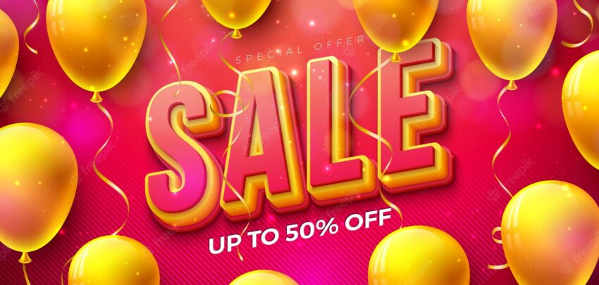 Shopping day sale design with 3d lettering and party balloon special offer illustration