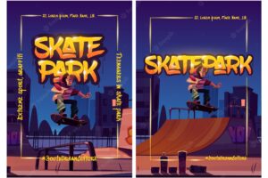 Skate park posters with boy riding on skateboard